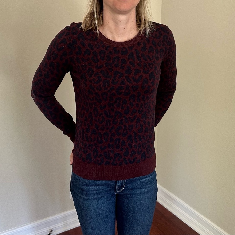 LOFT Burgundy Crew Neck Sweater with navy leopard print